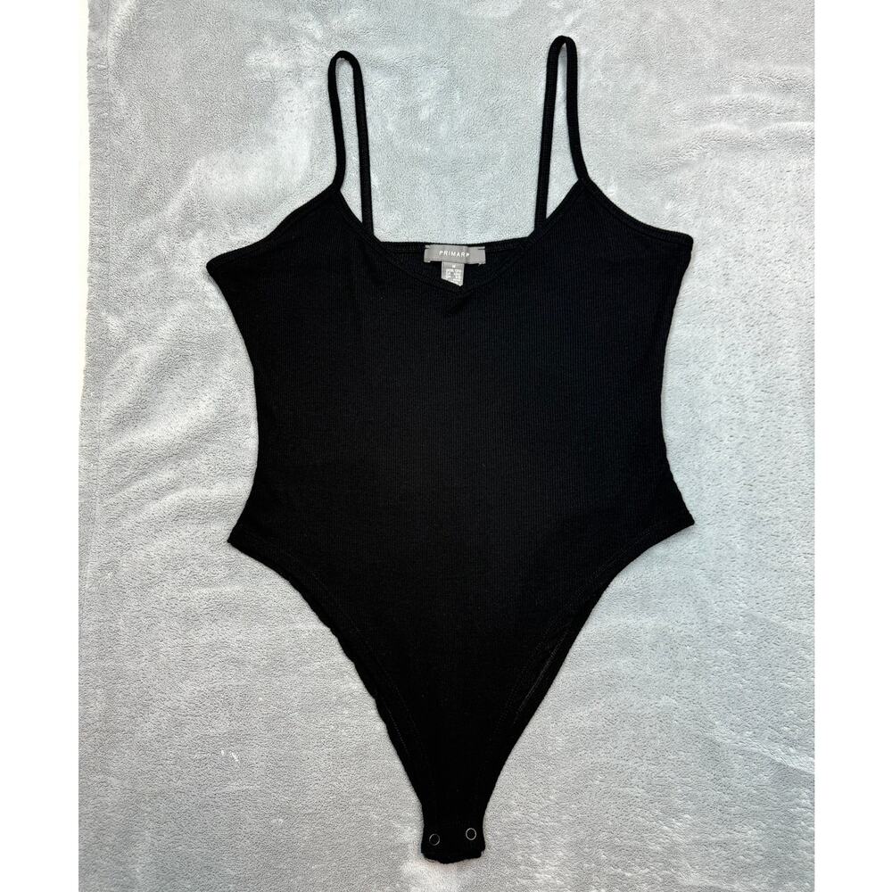 Primark Black Ribbed Bodysuit Size Medium 8/10 V Neck Spaghetti Strap Stretch